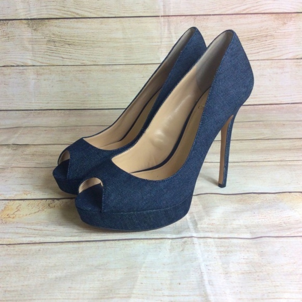 Vince Camuto Dark Blue Denim Peep Toe Platform Heels 8.5